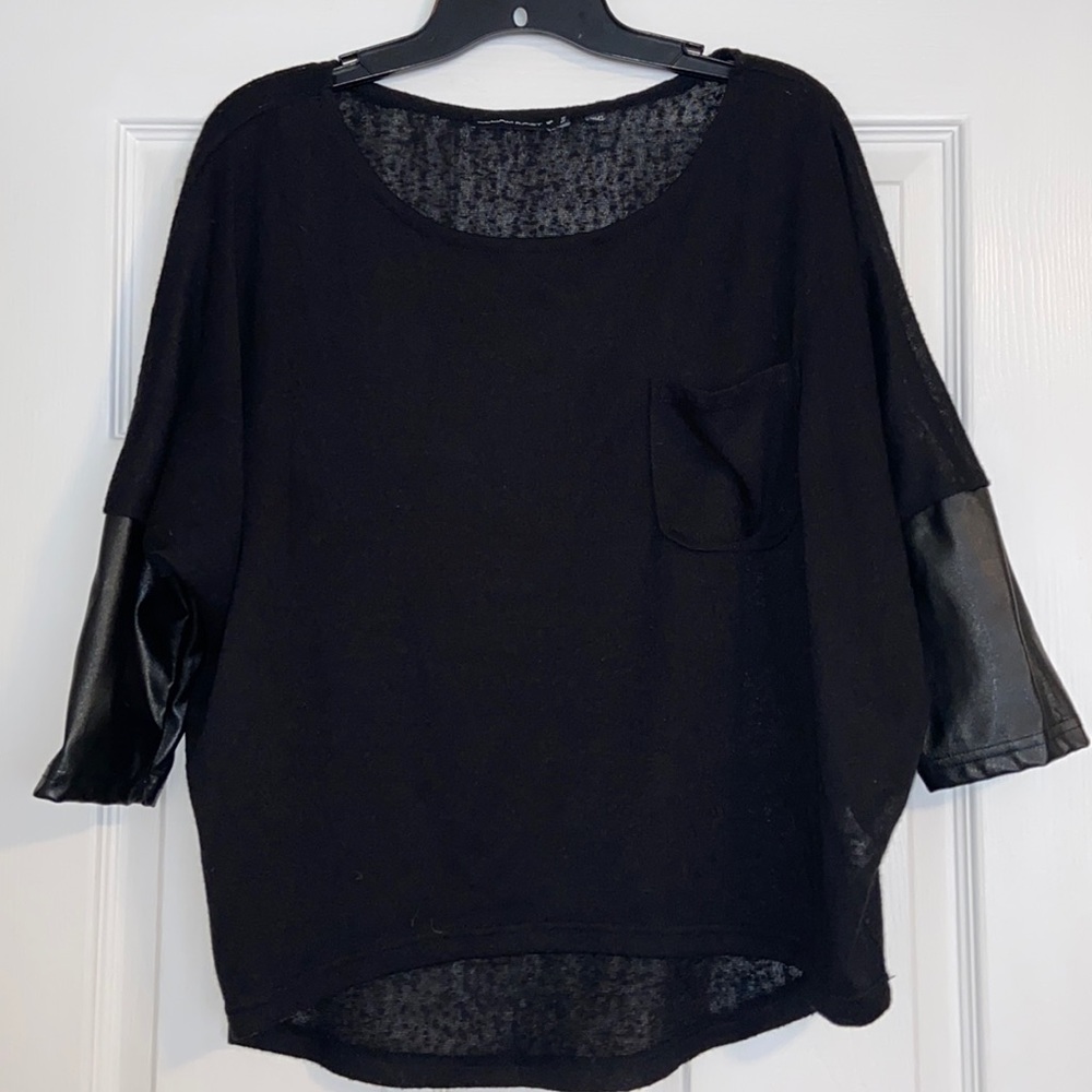 William Rast Black Leather Sleeve Knit Top